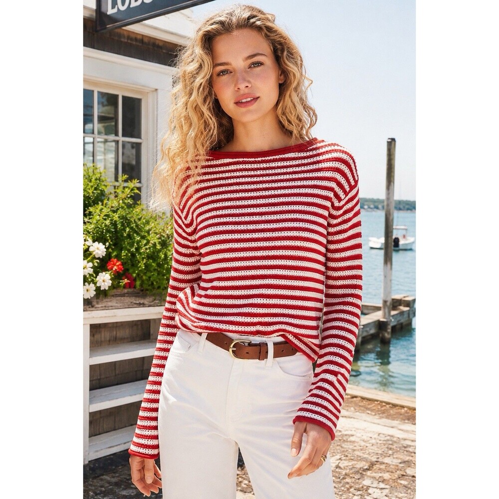 J Crew Linen Blend Boatneck Sweater Red White Striped Knit Americana Womens L